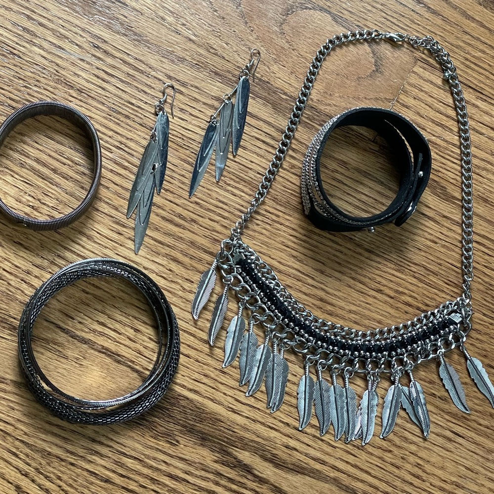 Vintage Silver and Black Feather Jewelry Stack Bundle